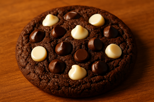 double chocolate chip cookie with white and dark chocolate chips and a chocolate cookie base